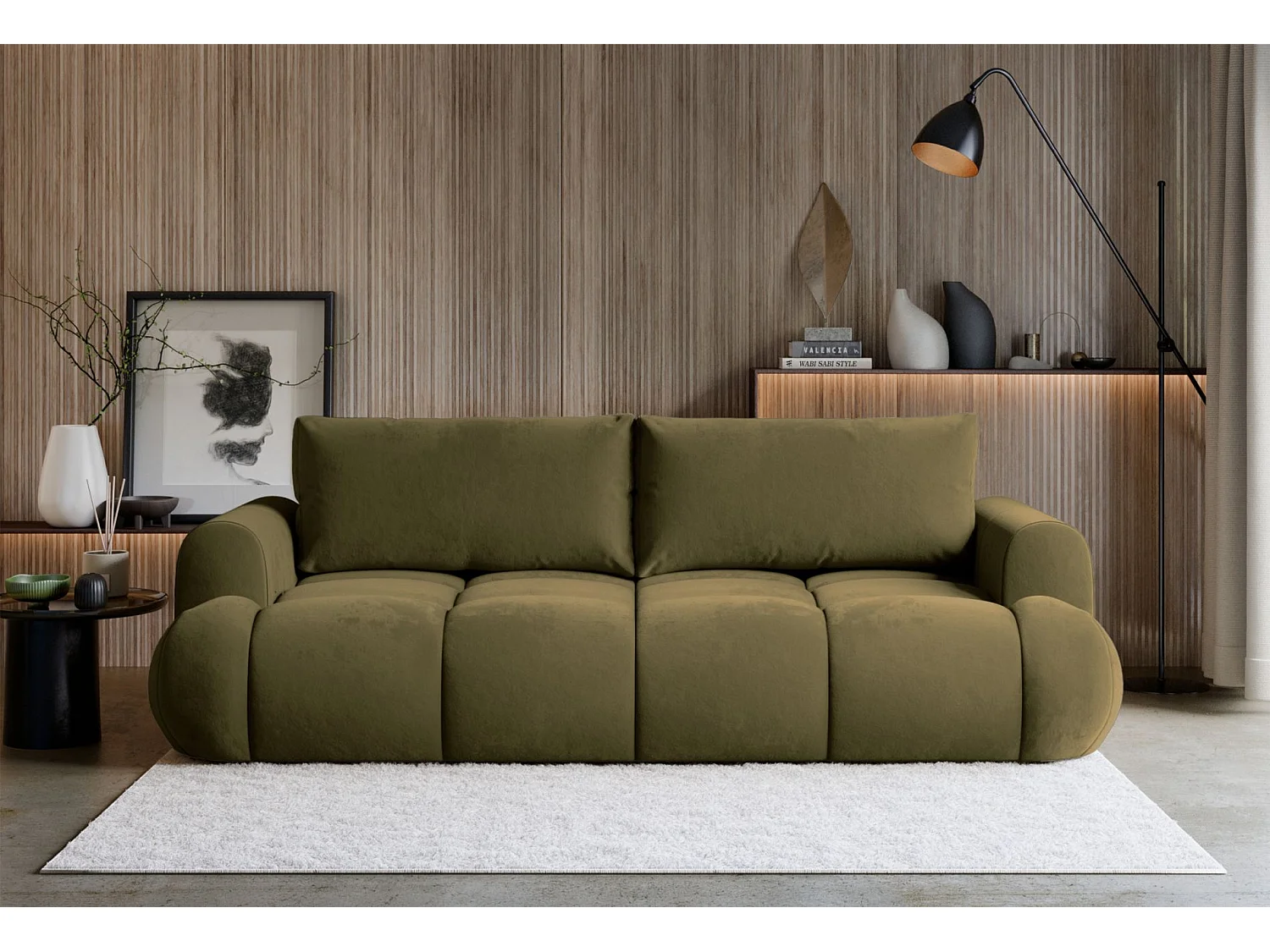 3-Sitzer Schlafsofa – Stauraum – hydrophober Samtbezug – Olivgrün – OMBO DOCE