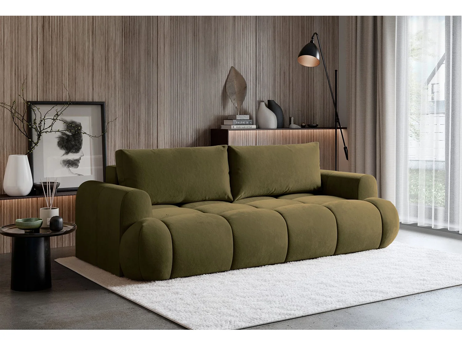 3-Sitzer Schlafsofa – Stauraum – hydrophober Samtbezug – Olivgrün – OMBO DOCE