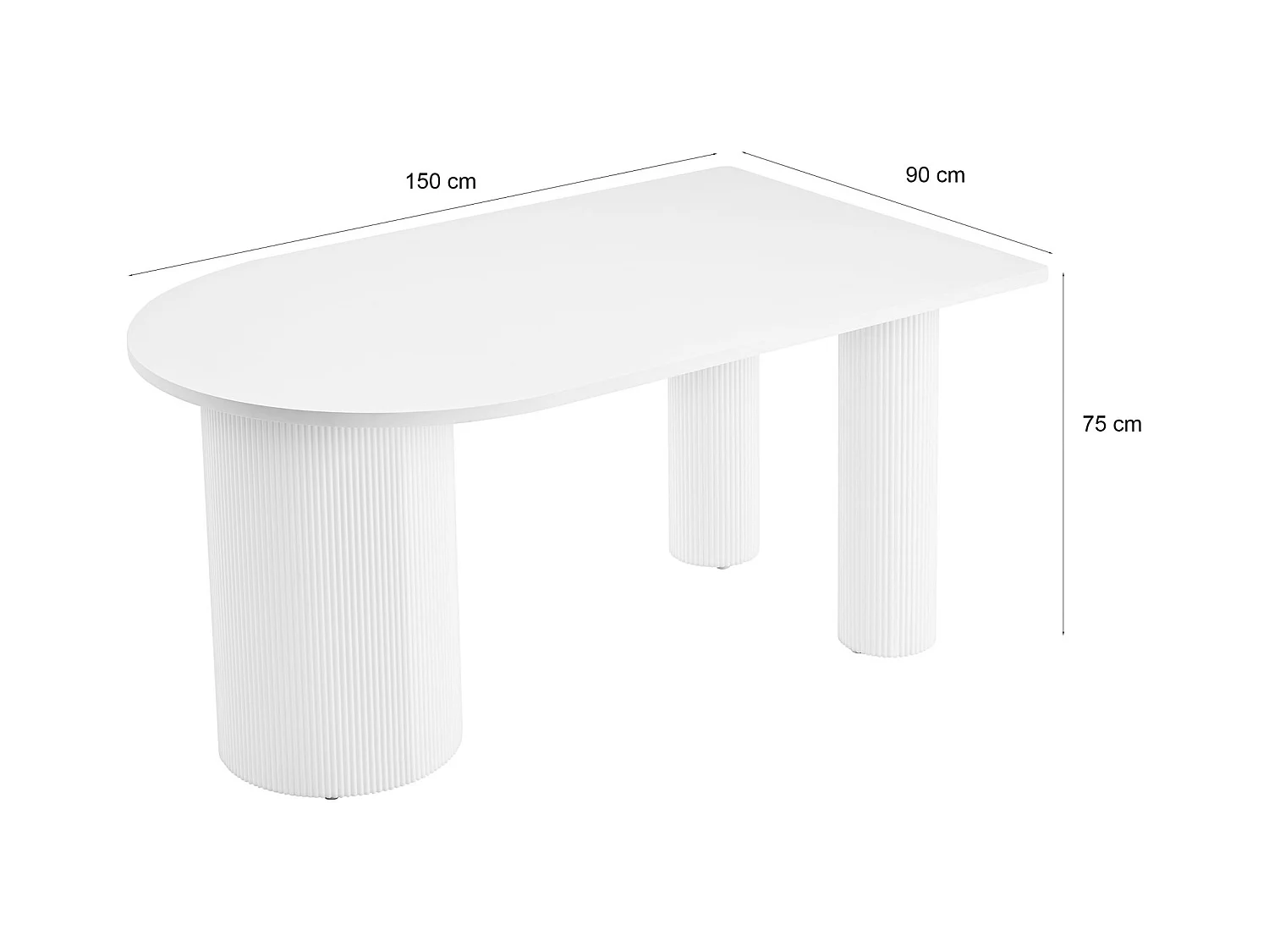 Table à manger rectangulaire – Blanc – côté arrondi – pieds colonnes cannelés – 150×90 cm – DICALIZE