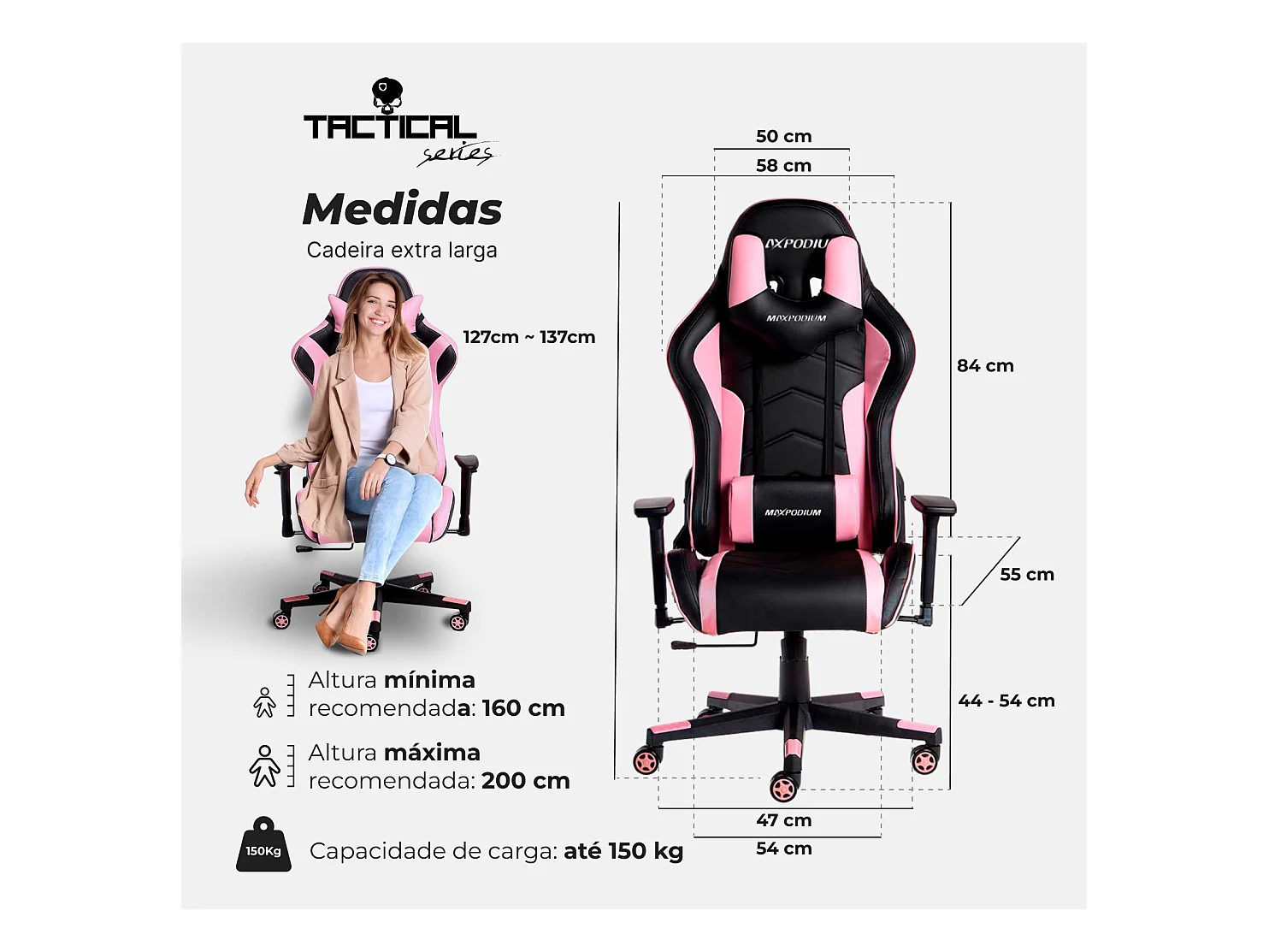 Chaise gamer ergonomique, réglable en hauteur, supporte 150 kg – Tactical, Noire et Rose