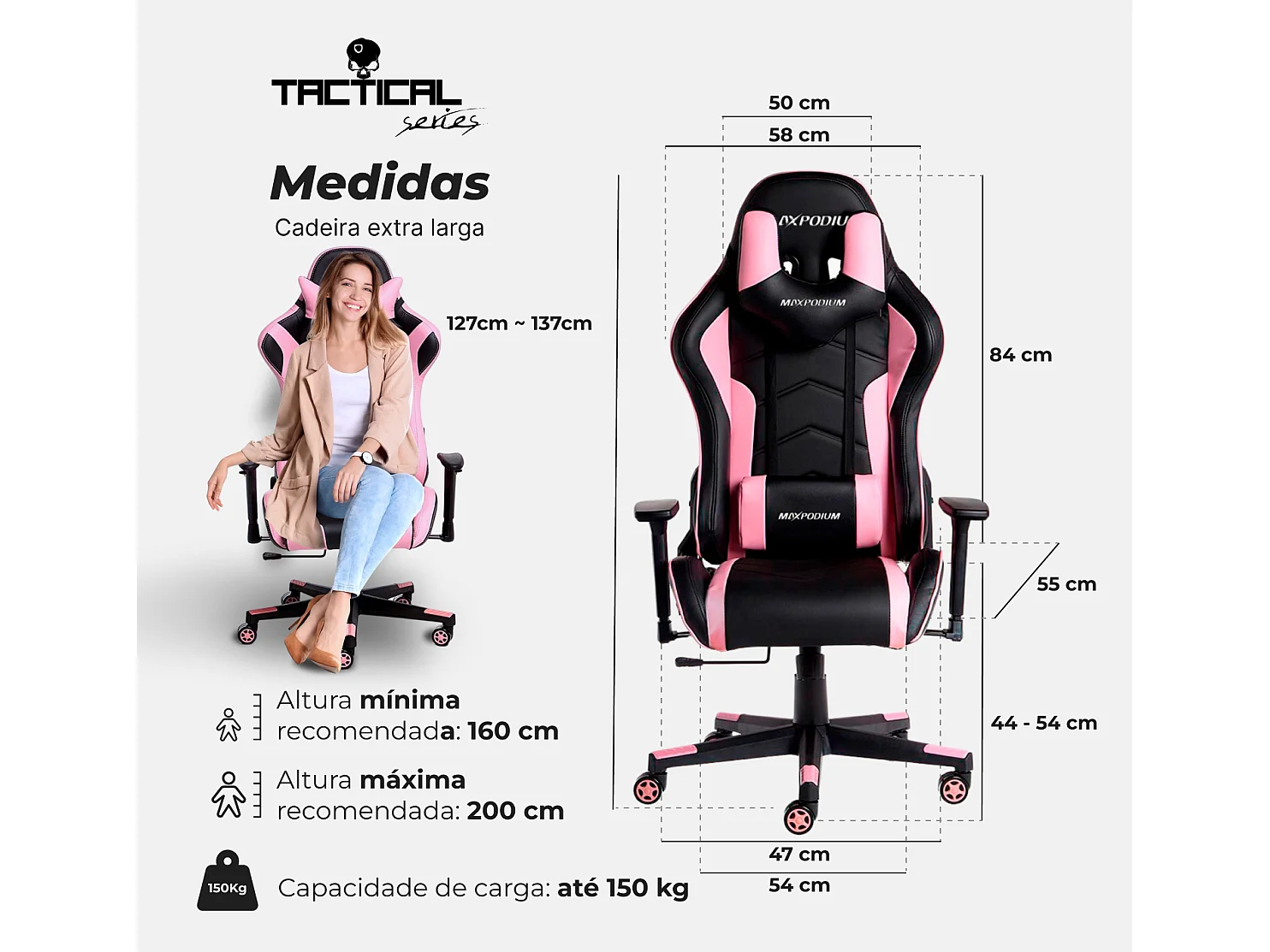 Chaise gamer ergonomique, réglable en hauteur, supporte 150 kg – Tactical, Noire et Rose