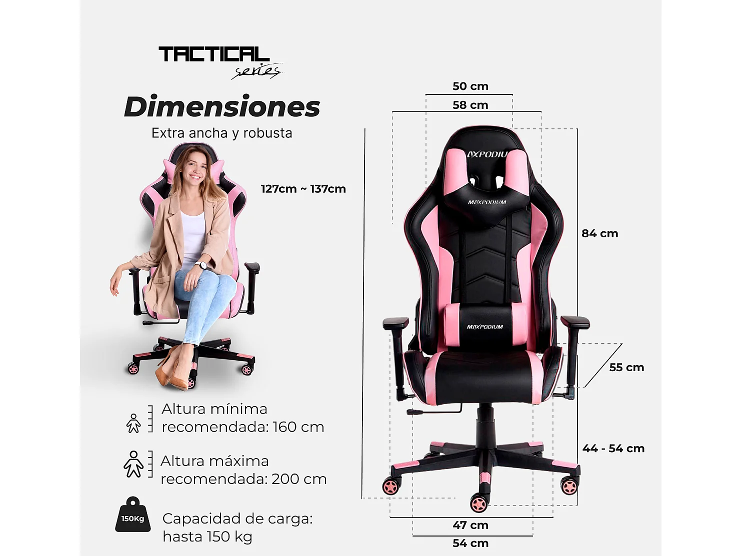 Chaise gamer ergonomique, réglable en hauteur, supporte 150 kg – Tactical, Noire et Rose
