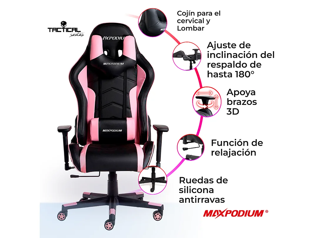 Chaise gamer ergonomique, réglable en hauteur, supporte 150 kg – Tactical, Noire et Rose