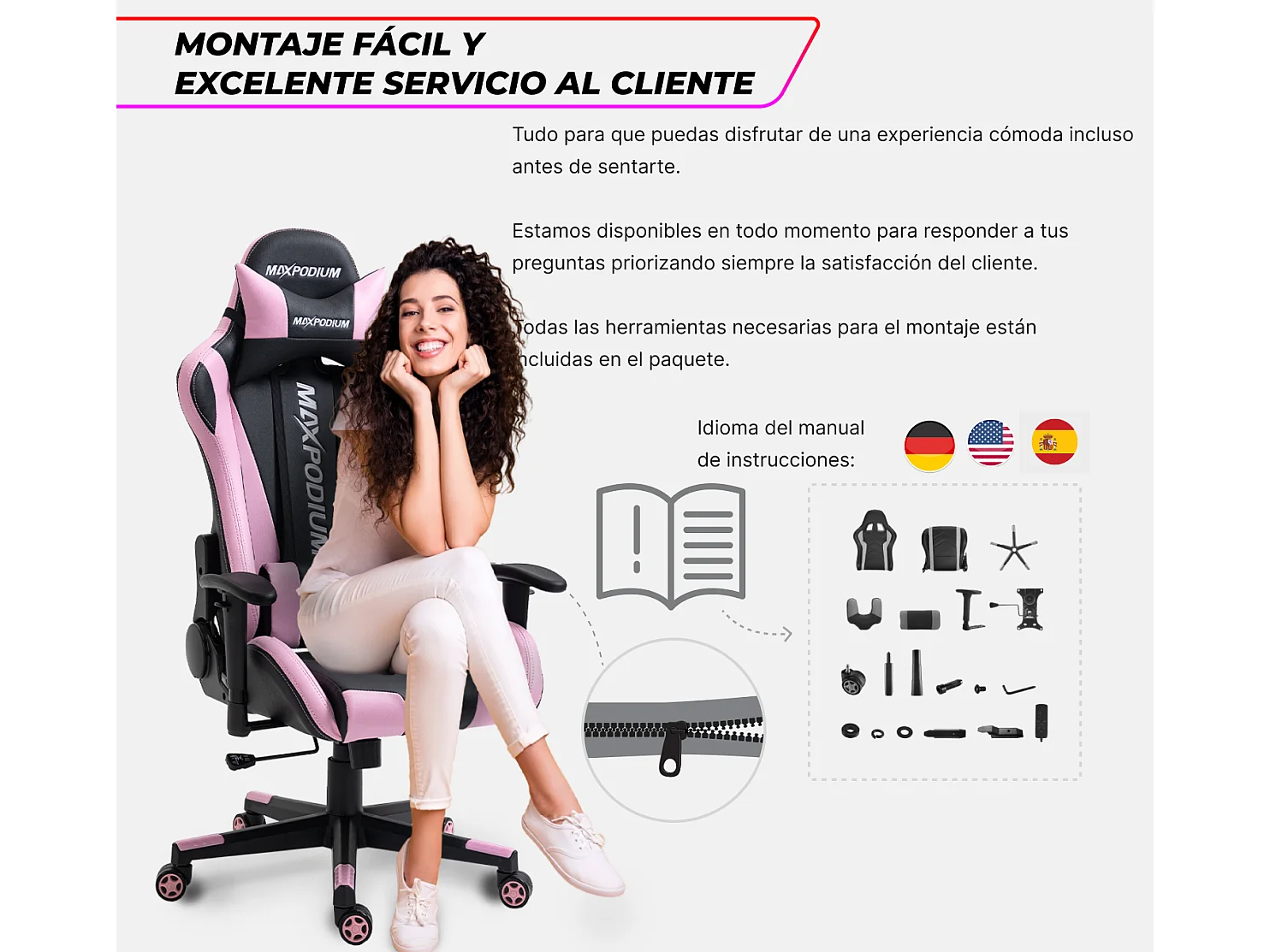 Chaise gamer ergonomique, réglable en hauteur, supporte 150 kg – Tactical, Noire et Rose
