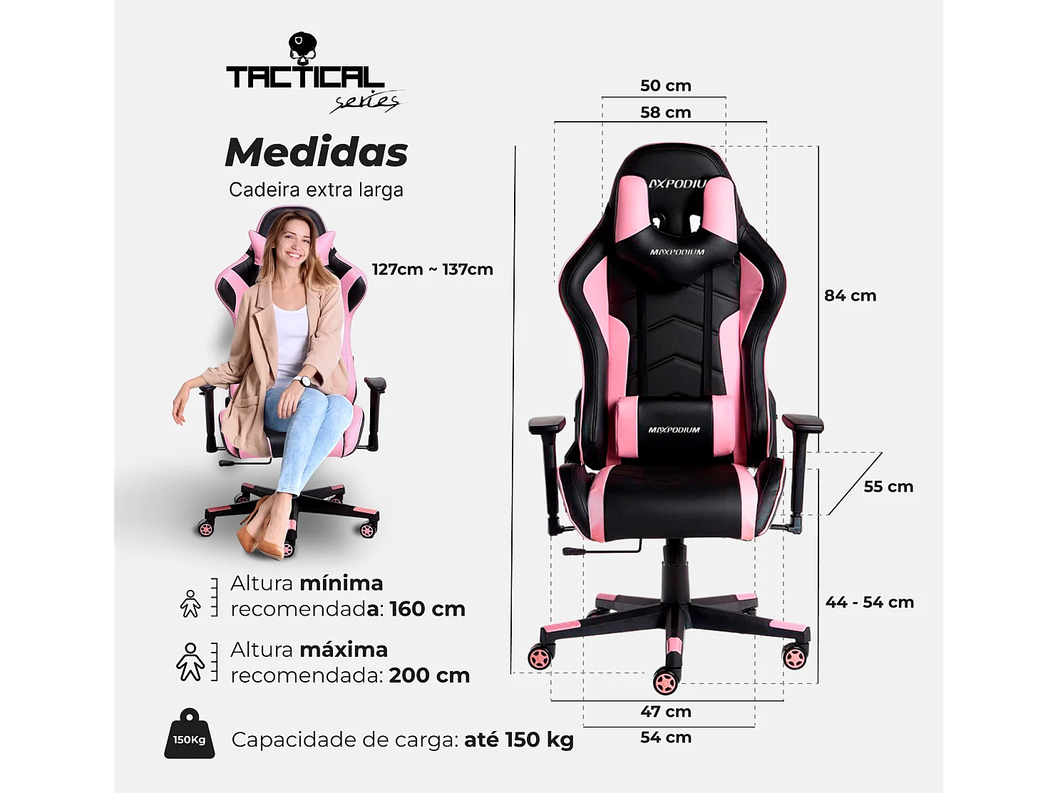 Chaise gamer ergonomique, réglable en hauteur, supporte 150 kg – Tactical, Noire et Rose