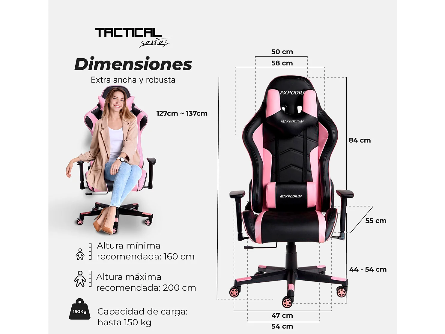 Chaise gamer ergonomique, réglable en hauteur, supporte 150 kg – Tactical, Noire et Rose