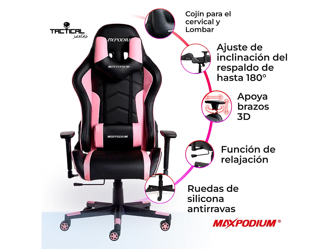 Chaise gamer ergonomique, réglable en hauteur, supporte 150 kg – Tactical, Noire et Rose