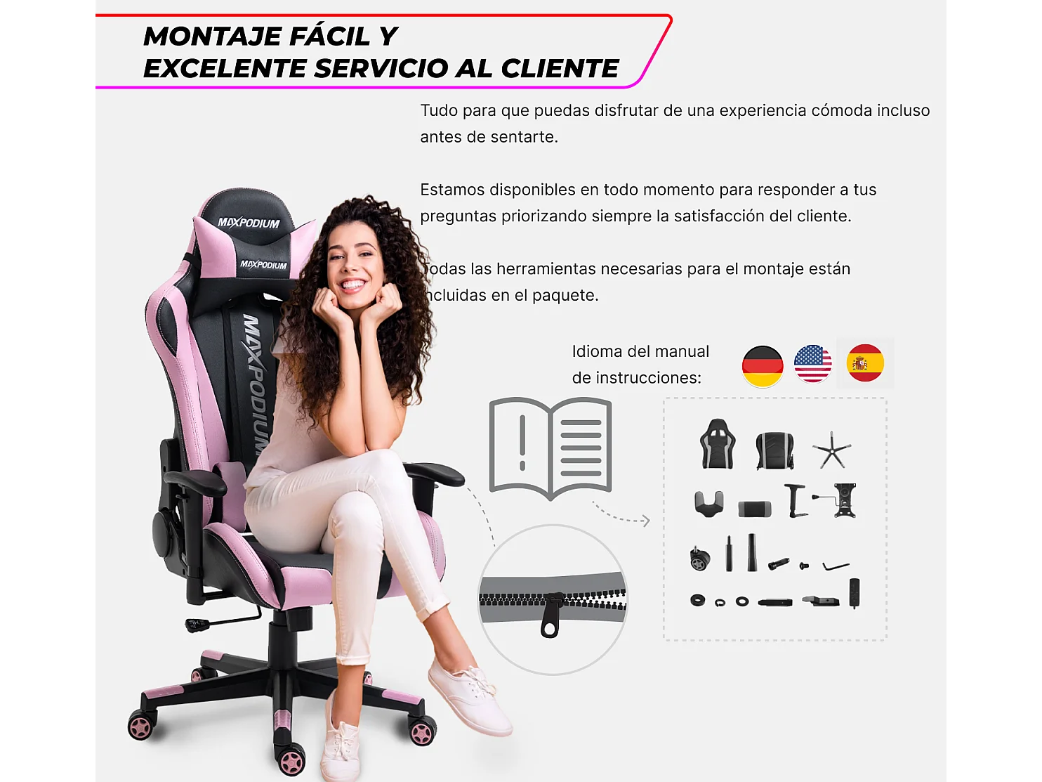 Chaise gamer ergonomique, réglable en hauteur, supporte 150 kg – Tactical, Noire et Rose