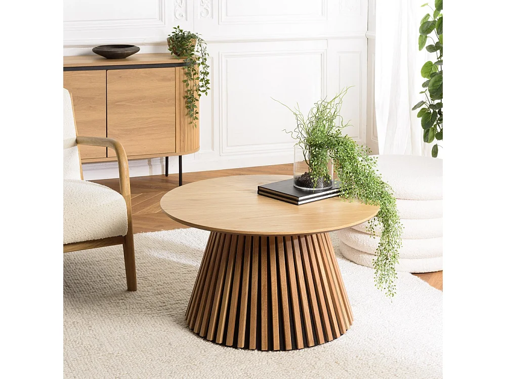 SYA - Table basse ronde D80 décor et chêne naturel pied à motif strié