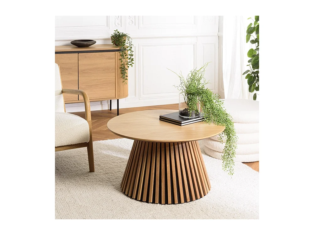 SYA - Table basse ronde D80 décor et chêne naturel pied à motif strié
