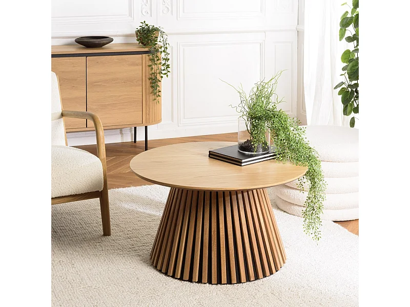 SYA - Table basse ronde D80 décor et chêne naturel pied à motif strié