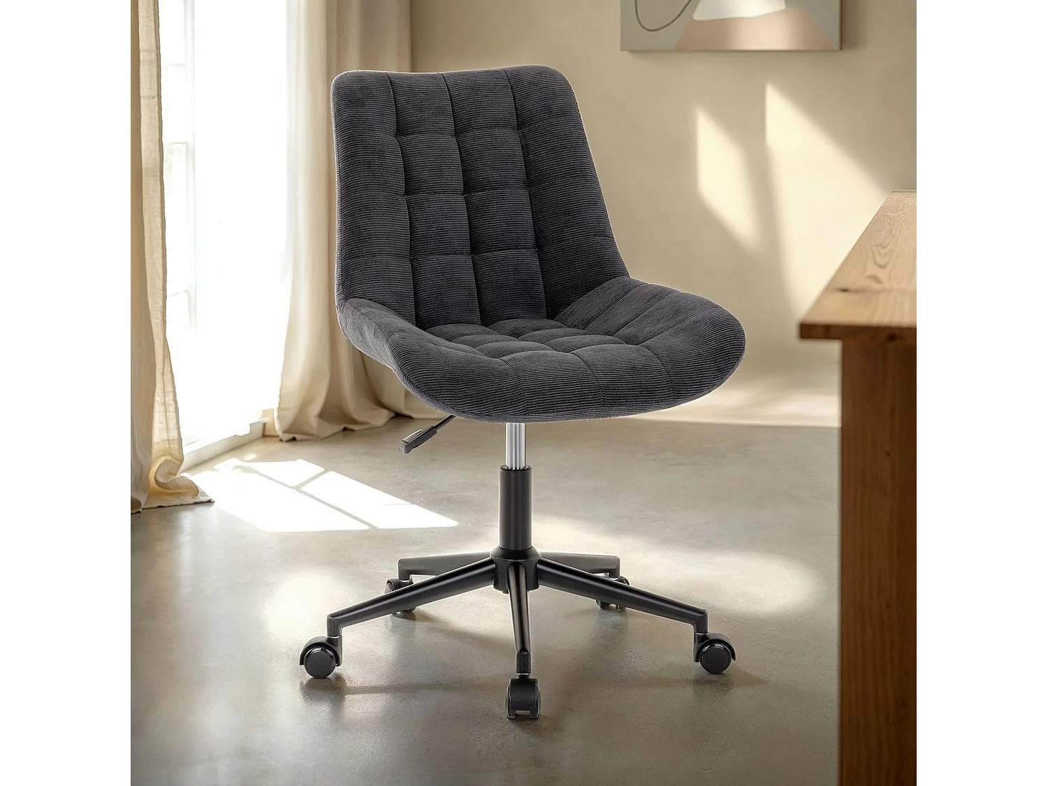 Chaise de bureau VASILO fauteuil en velours côtelé noir avec piétement en métal laqué noir