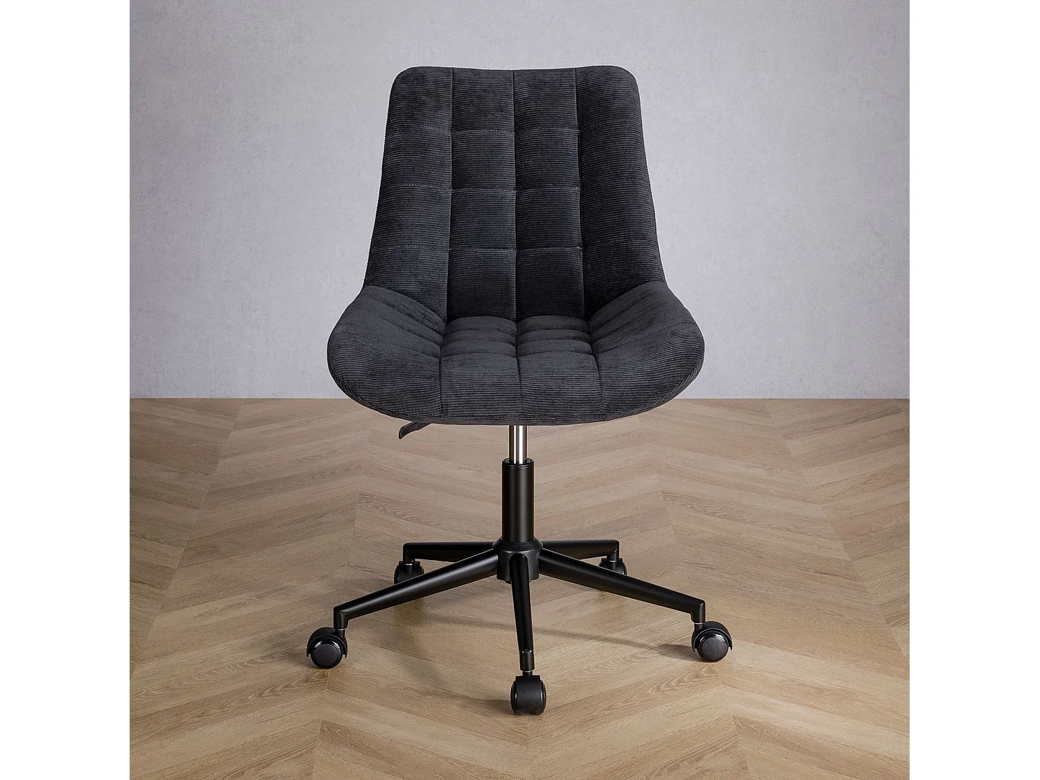 Chaise de bureau VASILO fauteuil en velours côtelé noir avec piétement en métal laqué noir