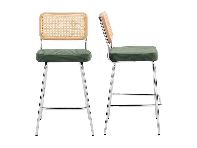 Lot de 2 chaises de bar en cannage et velours côtelé vert kaki, piètement chromé - Muse