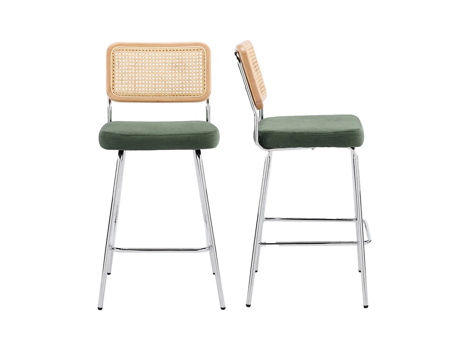 Lot de 2 chaises de bar en cannage et velours côtelé vert kaki, piètement chromé - Muse