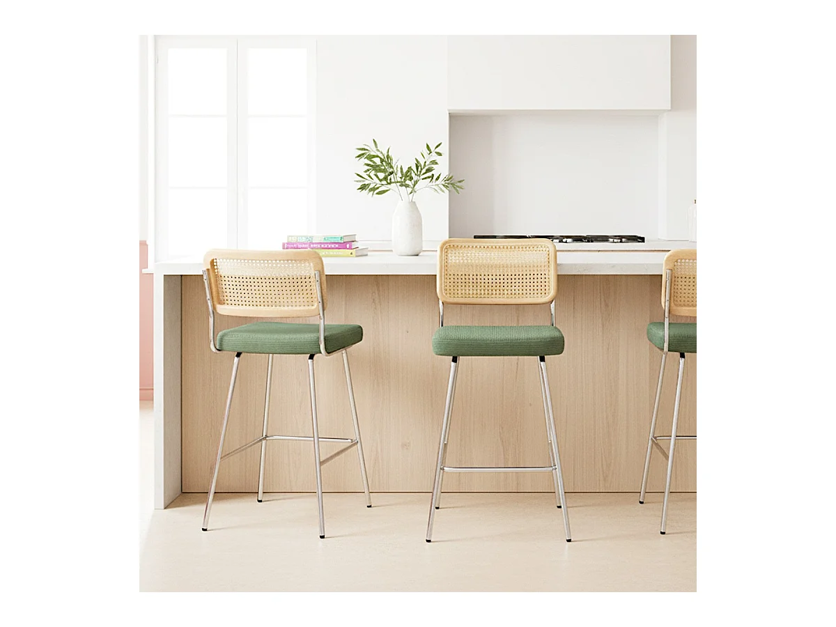 Lot de 2 chaises de bar en cannage et velours côtelé vert kaki, piètement chromé - Muse