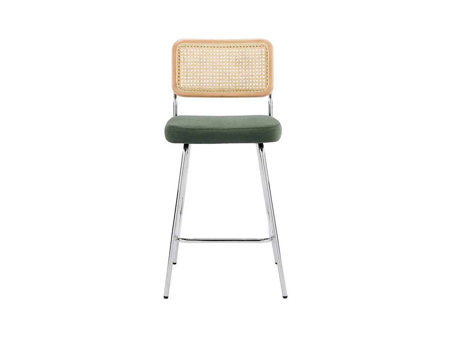 Lot de 2 chaises de bar en cannage et velours côtelé vert kaki, piètement chromé - Muse