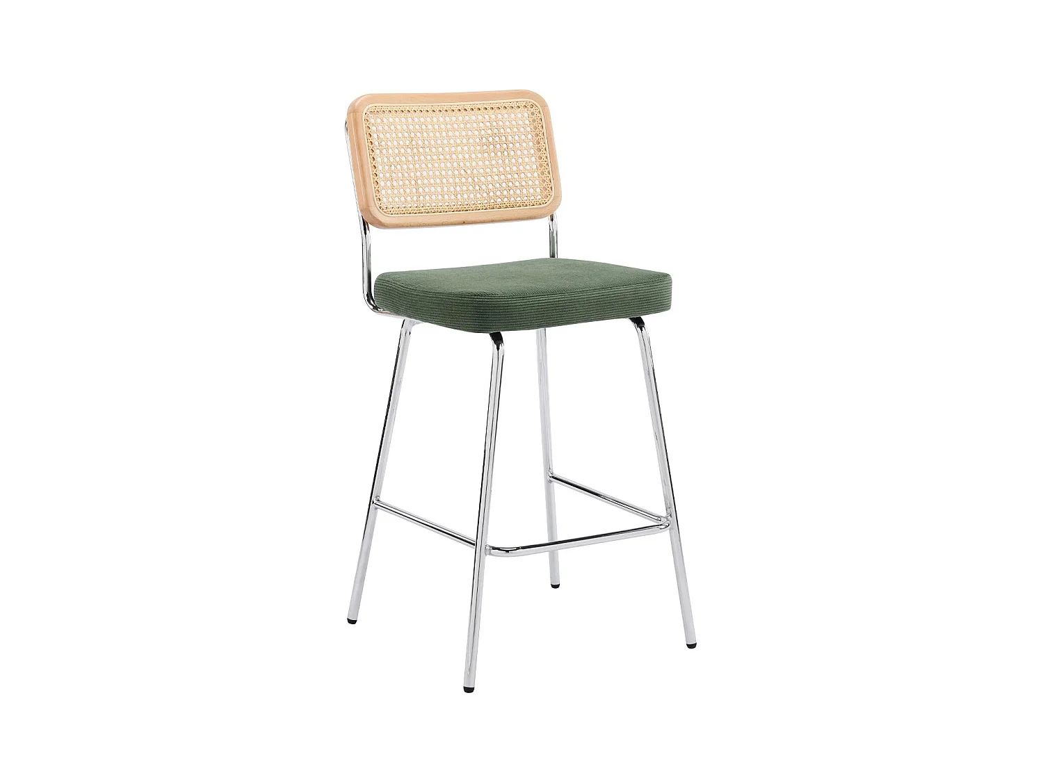 Lot de 2 chaises de bar en cannage et velours côtelé vert kaki, piètement chromé - Muse