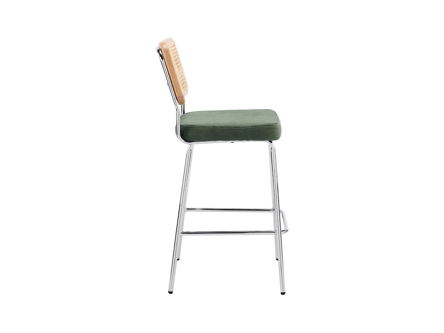 Lot de 2 chaises de bar en cannage et velours côtelé vert kaki, piètement chromé - Muse