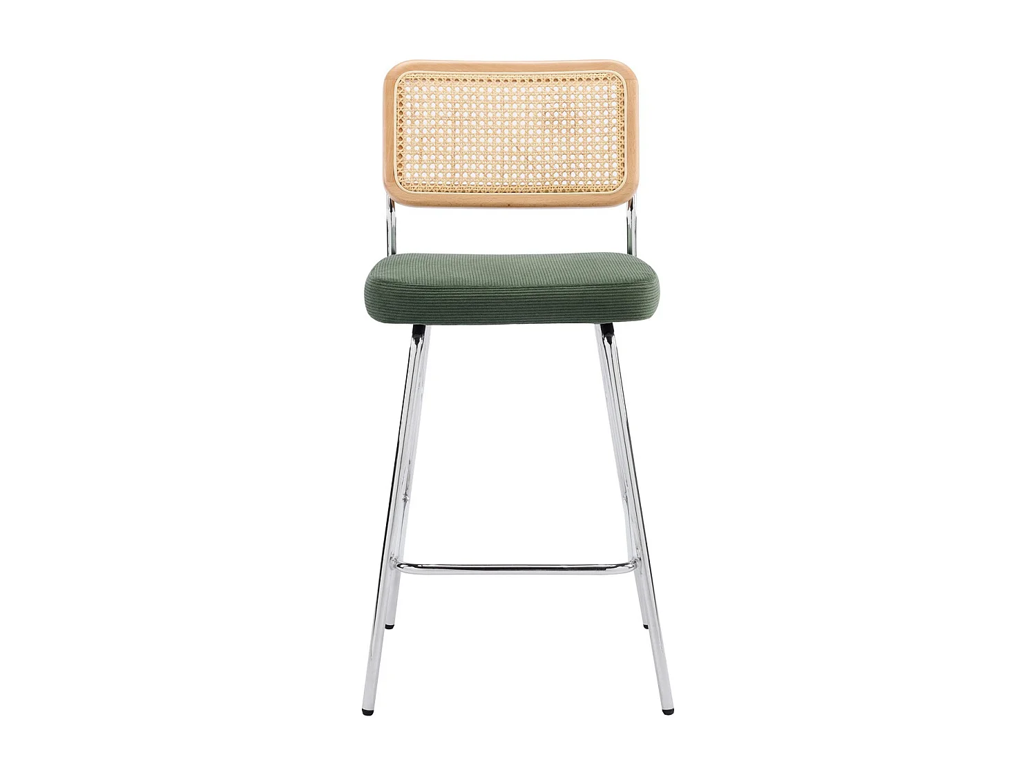 Lot de 2 chaises de bar en cannage et velours côtelé vert kaki, piètement chromé - Muse