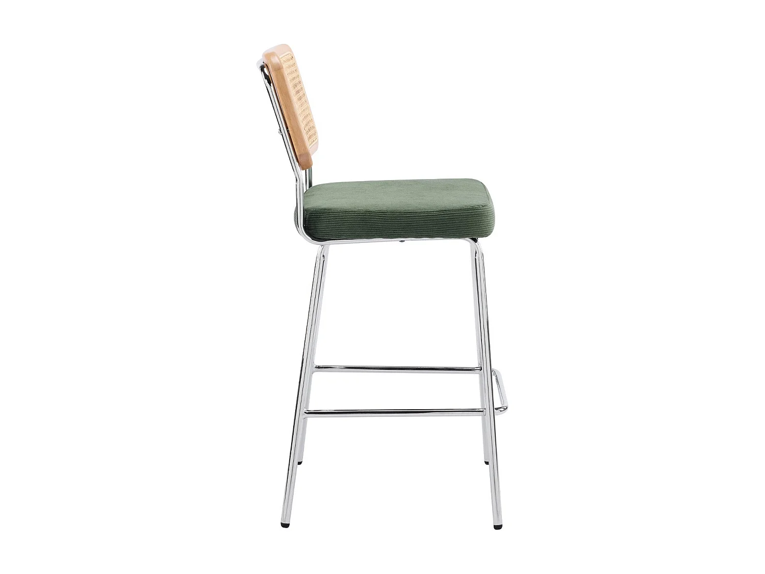 Lot de 2 chaises de bar en cannage et velours côtelé vert kaki, piètement chromé - Muse