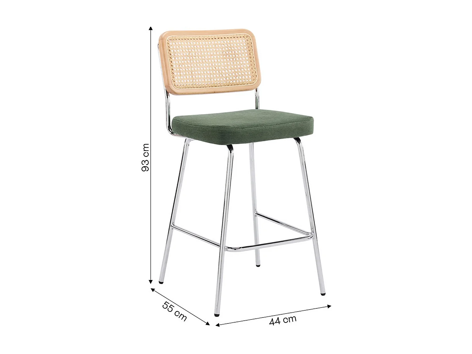 Lot de 2 chaises de bar en cannage et velours côtelé vert kaki, piètement chromé - Muse