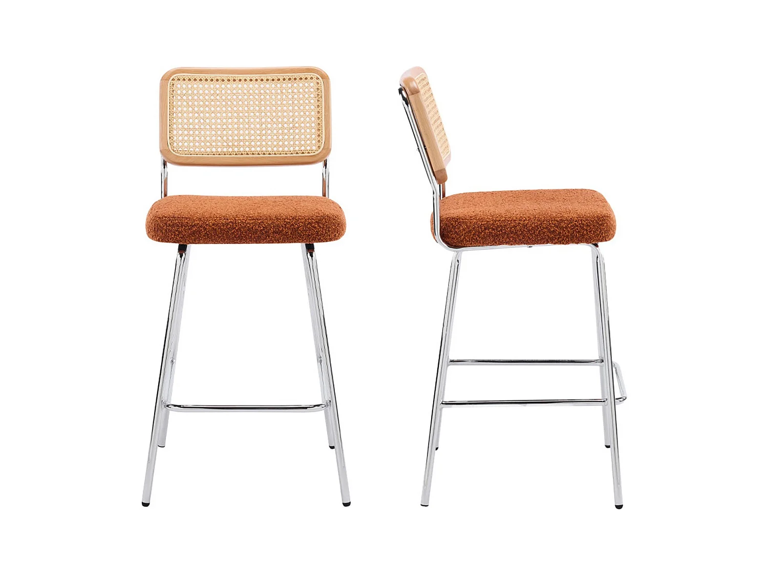 Lot de 2 chaises de bar en cannage et tissu bouclé rouille, piètement chromé - Muse