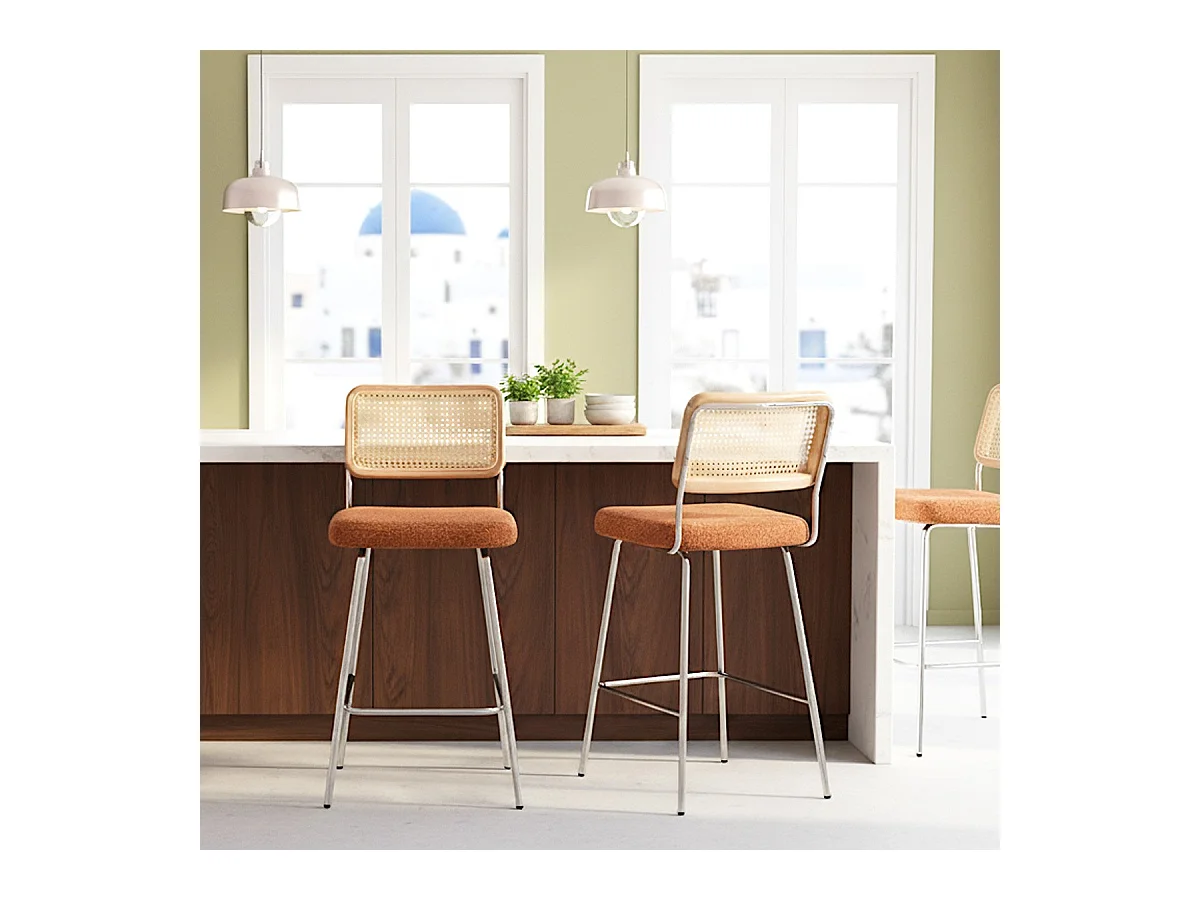 Lot de 2 chaises de bar en cannage et tissu bouclé rouille, piètement chromé - Muse