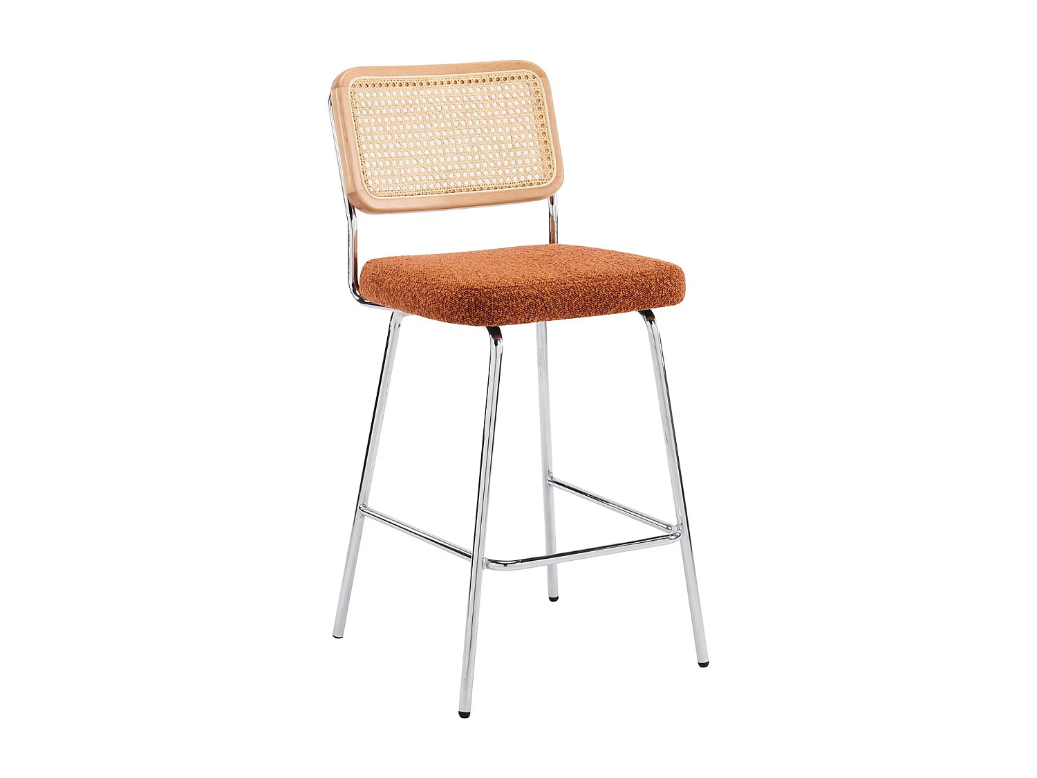 Lot de 2 chaises de bar en cannage et tissu bouclé rouille, piètement chromé - Muse