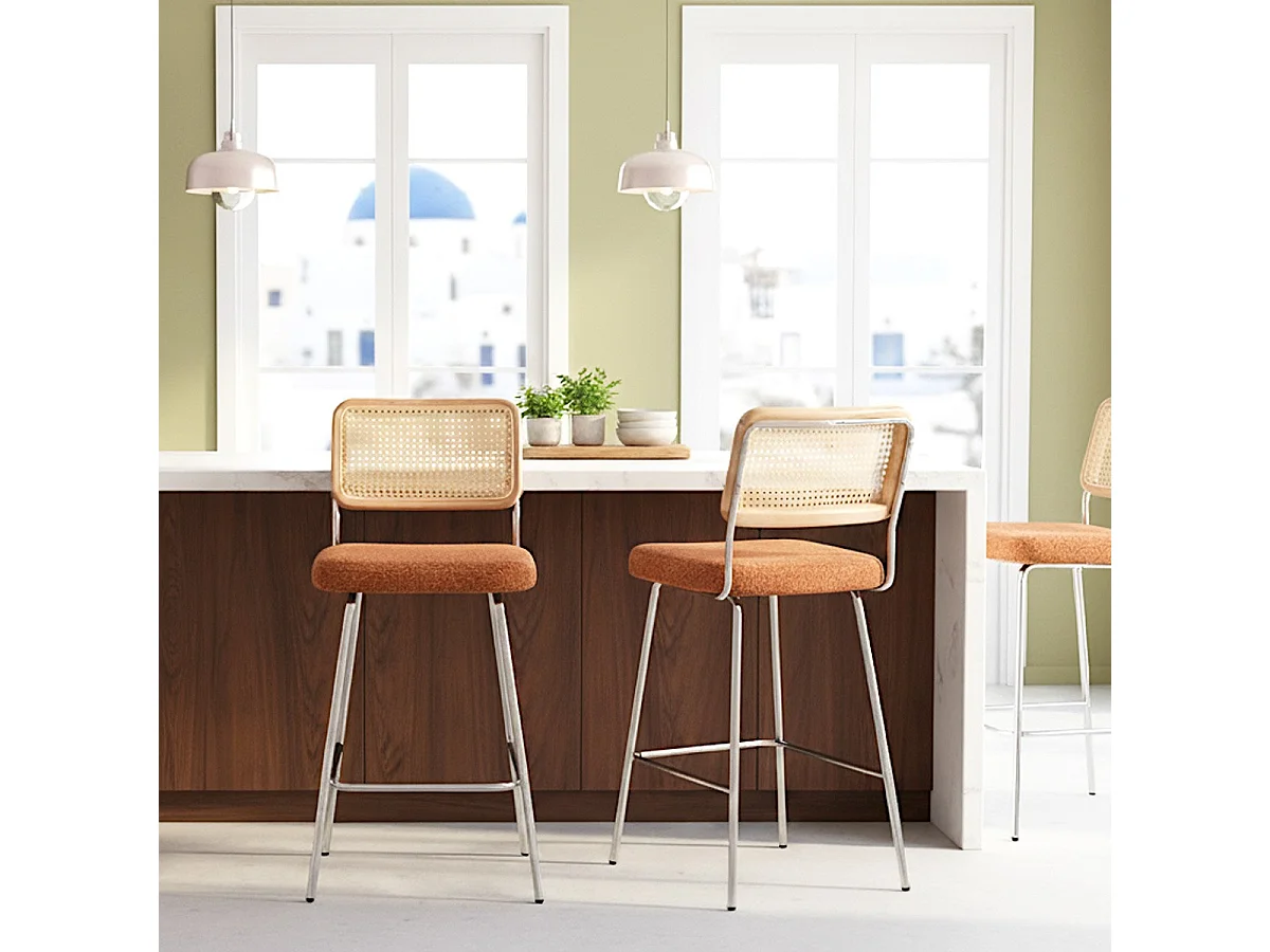 Lot de 2 chaises de bar en cannage et tissu bouclé rouille, piètement chromé - Muse