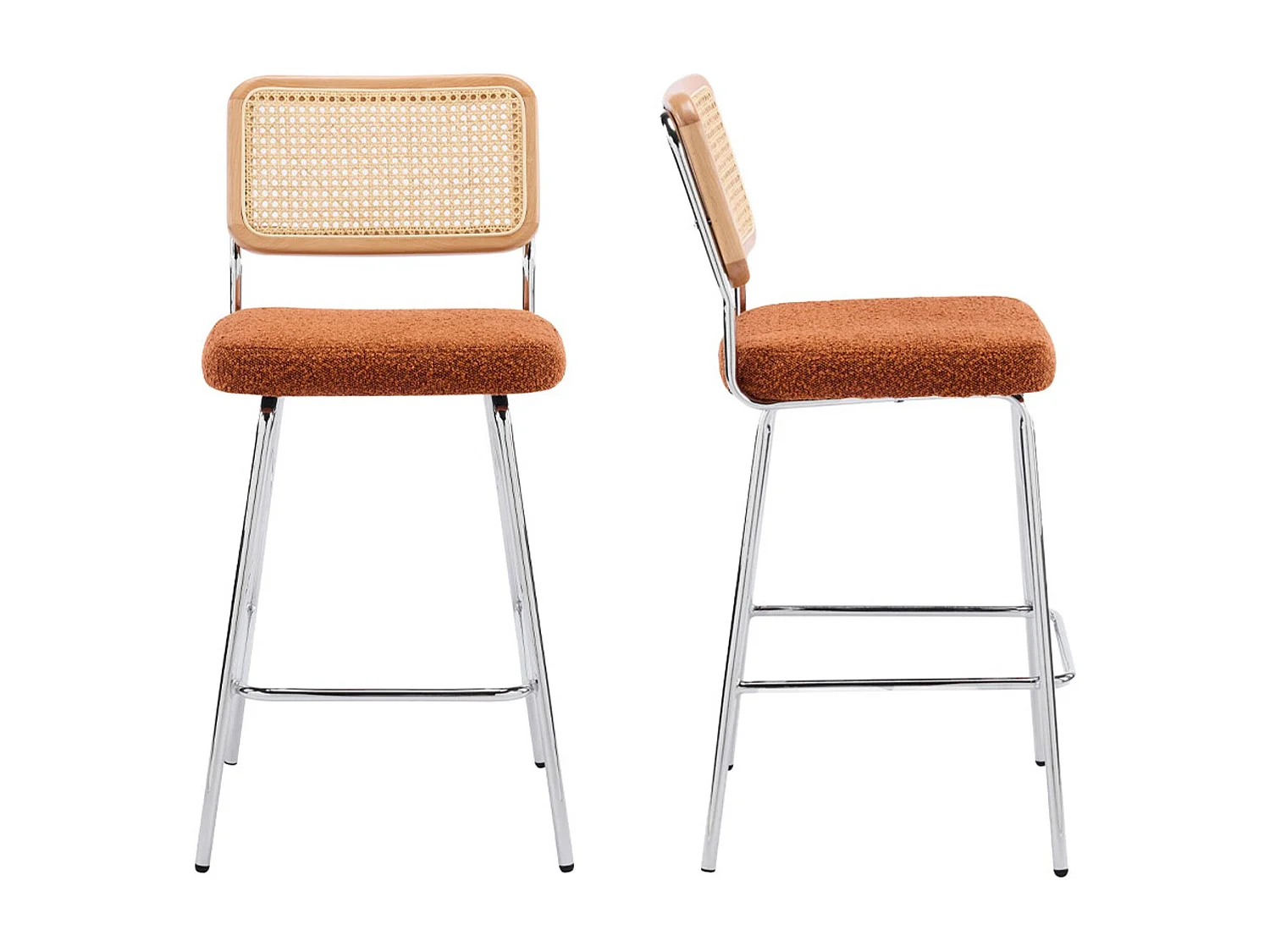 Lot de 2 chaises de bar en cannage et tissu bouclé rouille, piètement chromé - Muse
