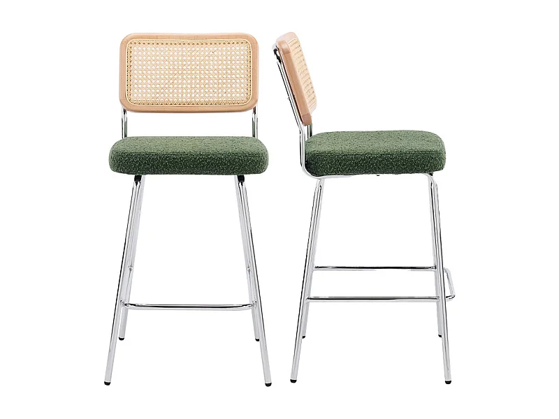 Lot de 2 chaises de bar en cannage et tissu bouclé vert, piètement chromé - Muse