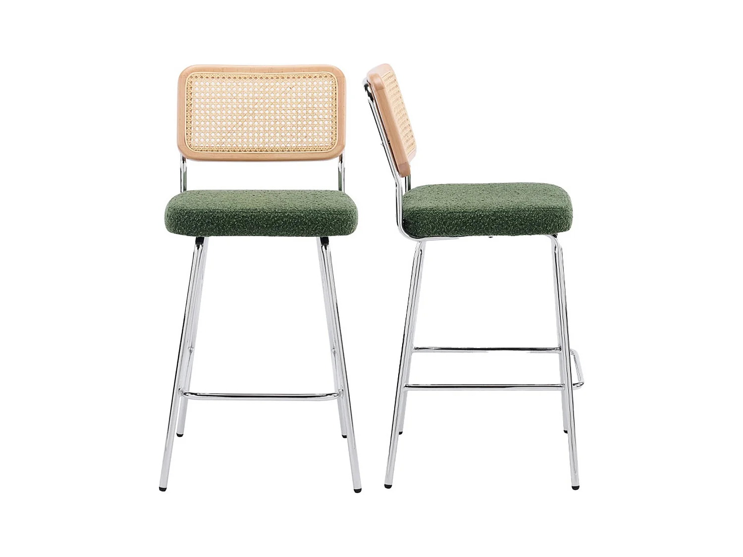 Lot de 2 chaises de bar en cannage et tissu bouclé vert, piètement chromé - Muse