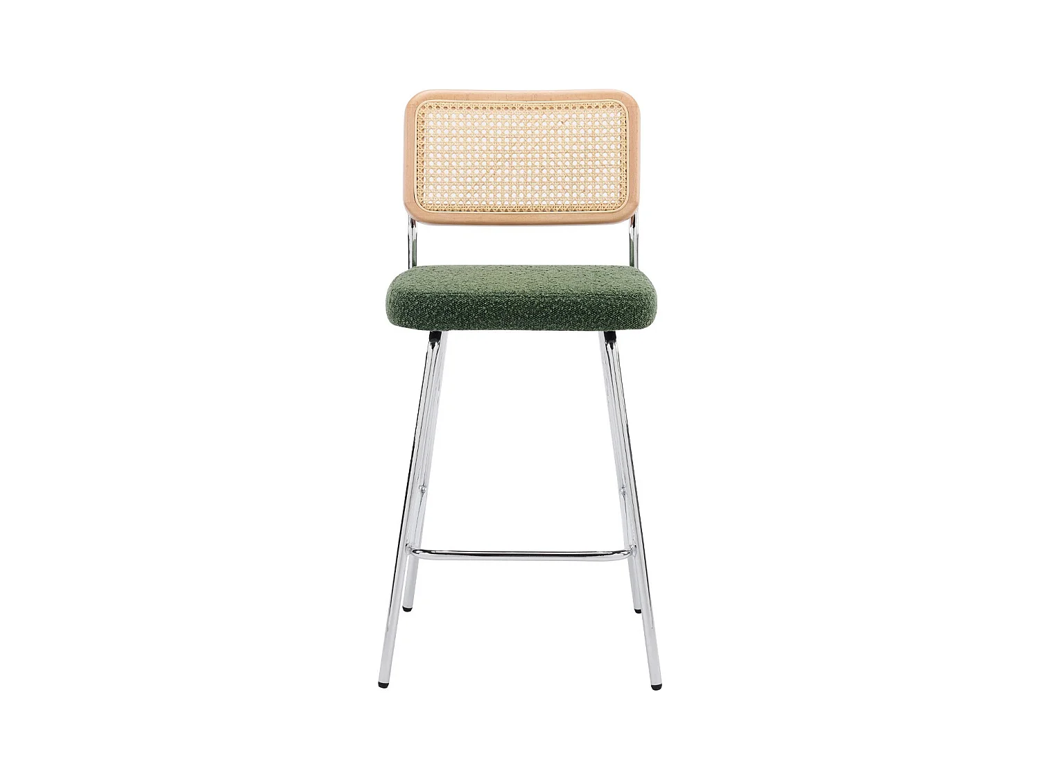 Lot de 2 chaises de bar en cannage et tissu bouclé vert, piètement chromé - Muse