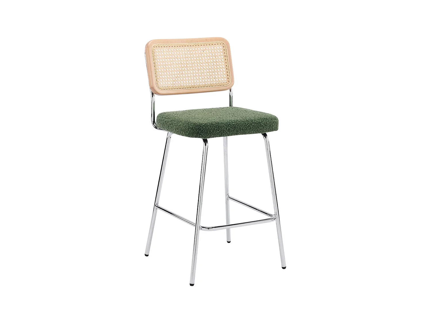 Lot de 2 chaises de bar en cannage et tissu bouclé vert, piètement chromé - Muse