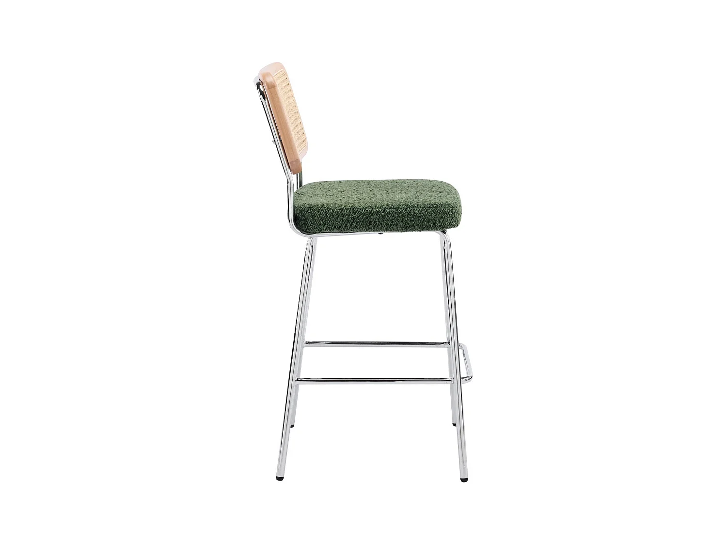 Lot de 2 chaises de bar en cannage et tissu bouclé vert, piètement chromé - Muse