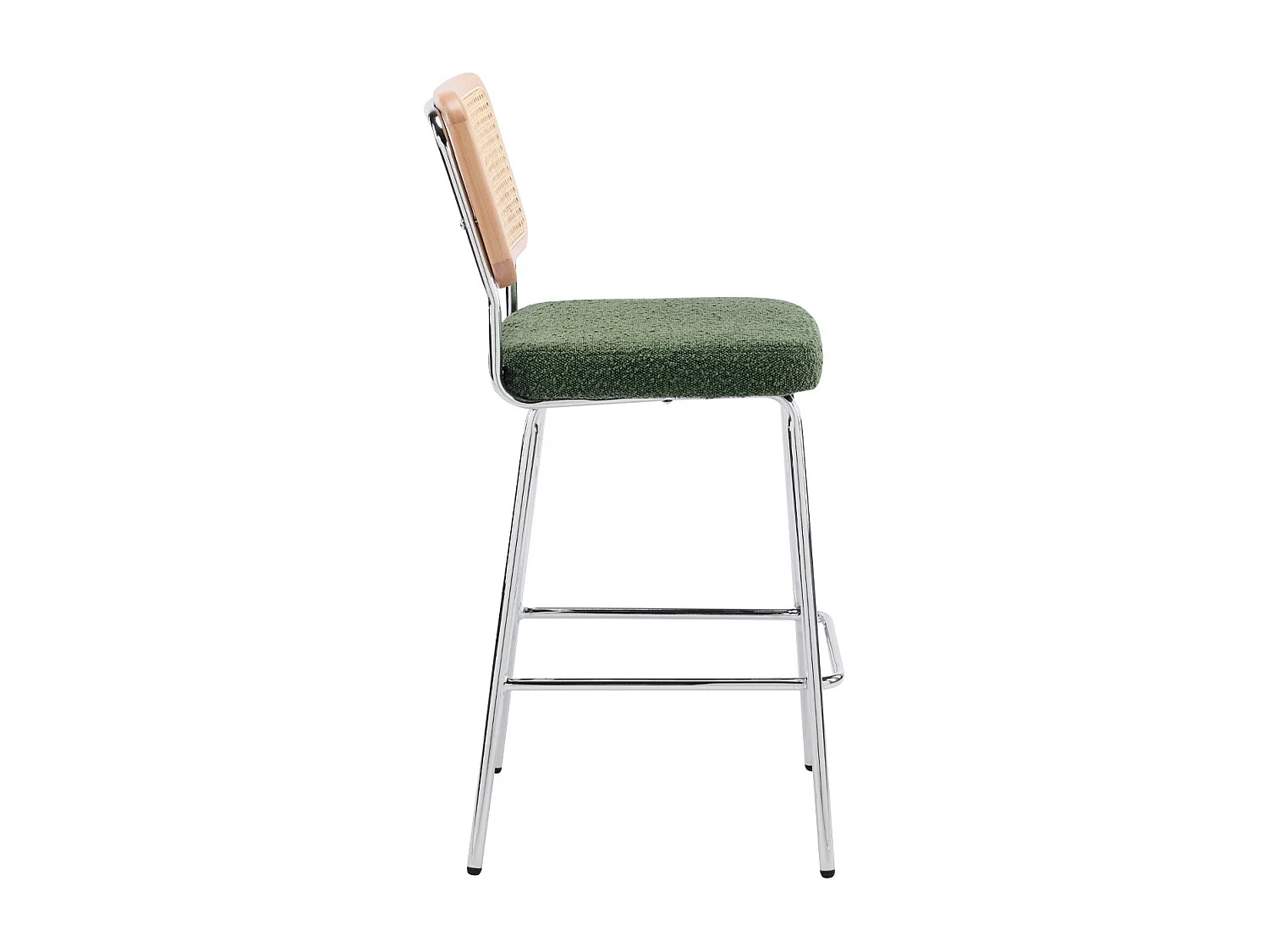 Lot de 2 chaises de bar en cannage et tissu bouclé vert, piètement chromé - Muse