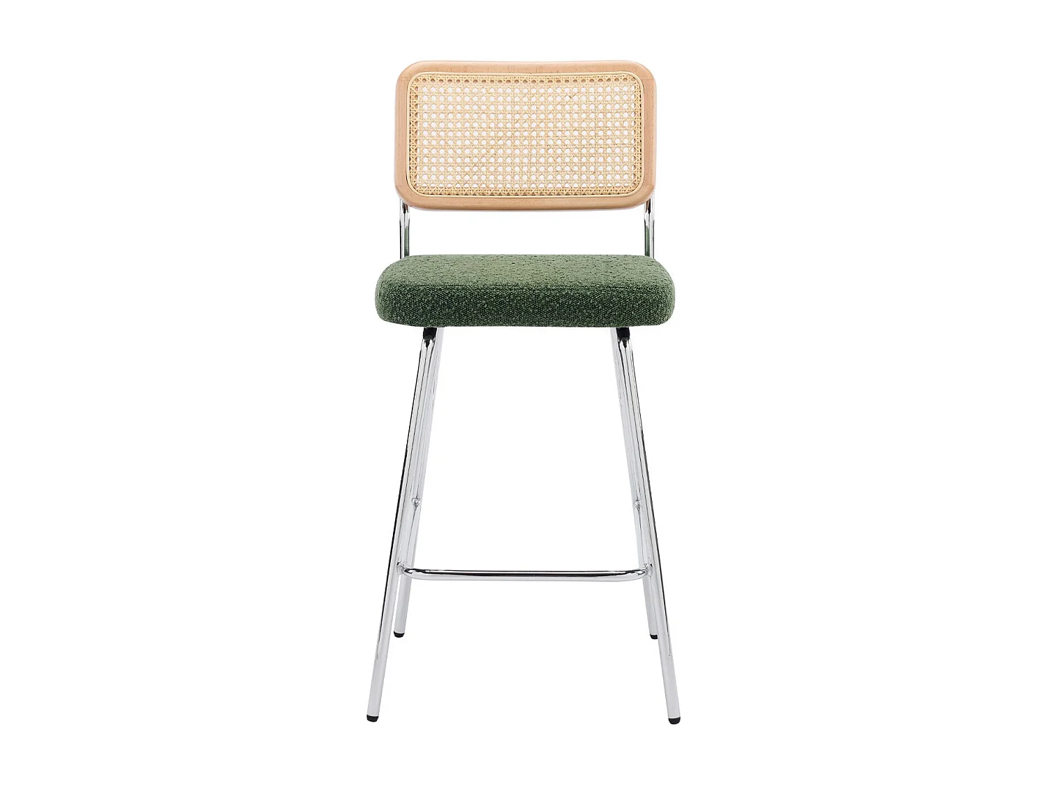 Lot de 2 chaises de bar en cannage et tissu bouclé vert, piètement chromé - Muse
