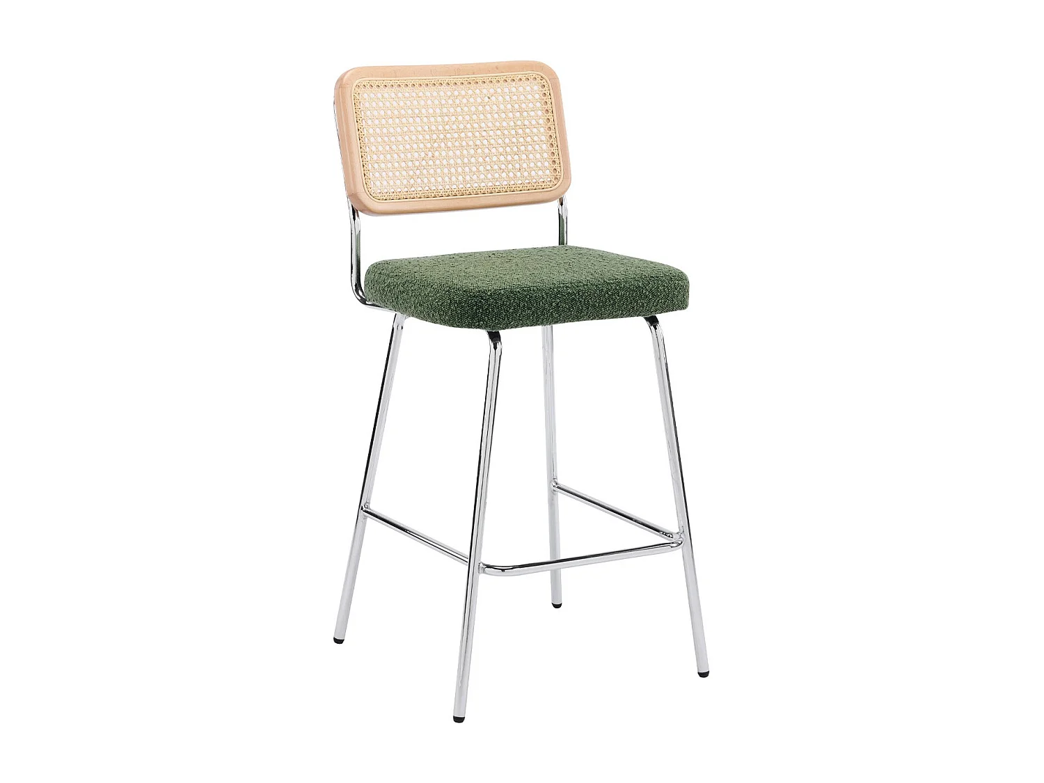 Lot de 2 chaises de bar en cannage et tissu bouclé vert, piètement chromé - Muse