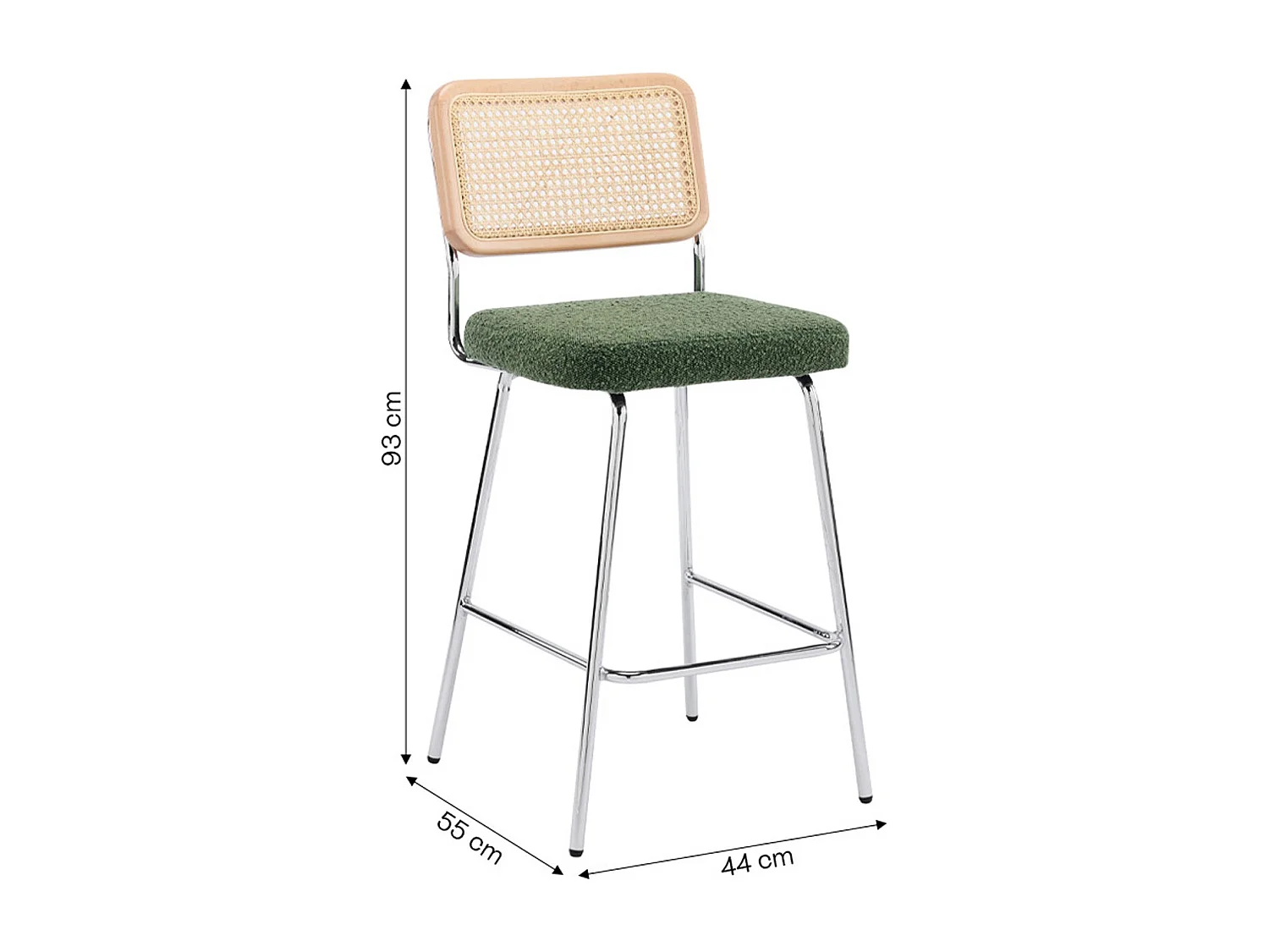 Lot de 2 chaises de bar en cannage et tissu bouclé vert, piètement chromé - Muse