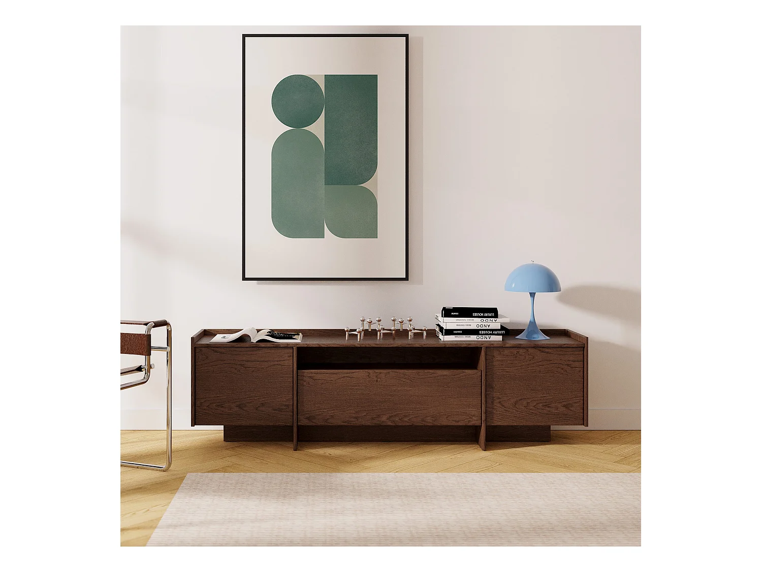 Meuble TV JUNI avec 3 portes et compartiment ouvert