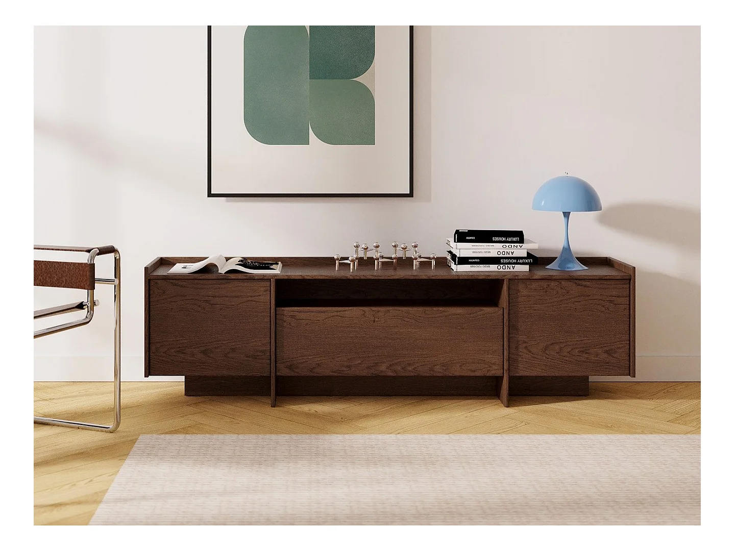 Meuble TV JUNI avec 3 portes et compartiment ouvert