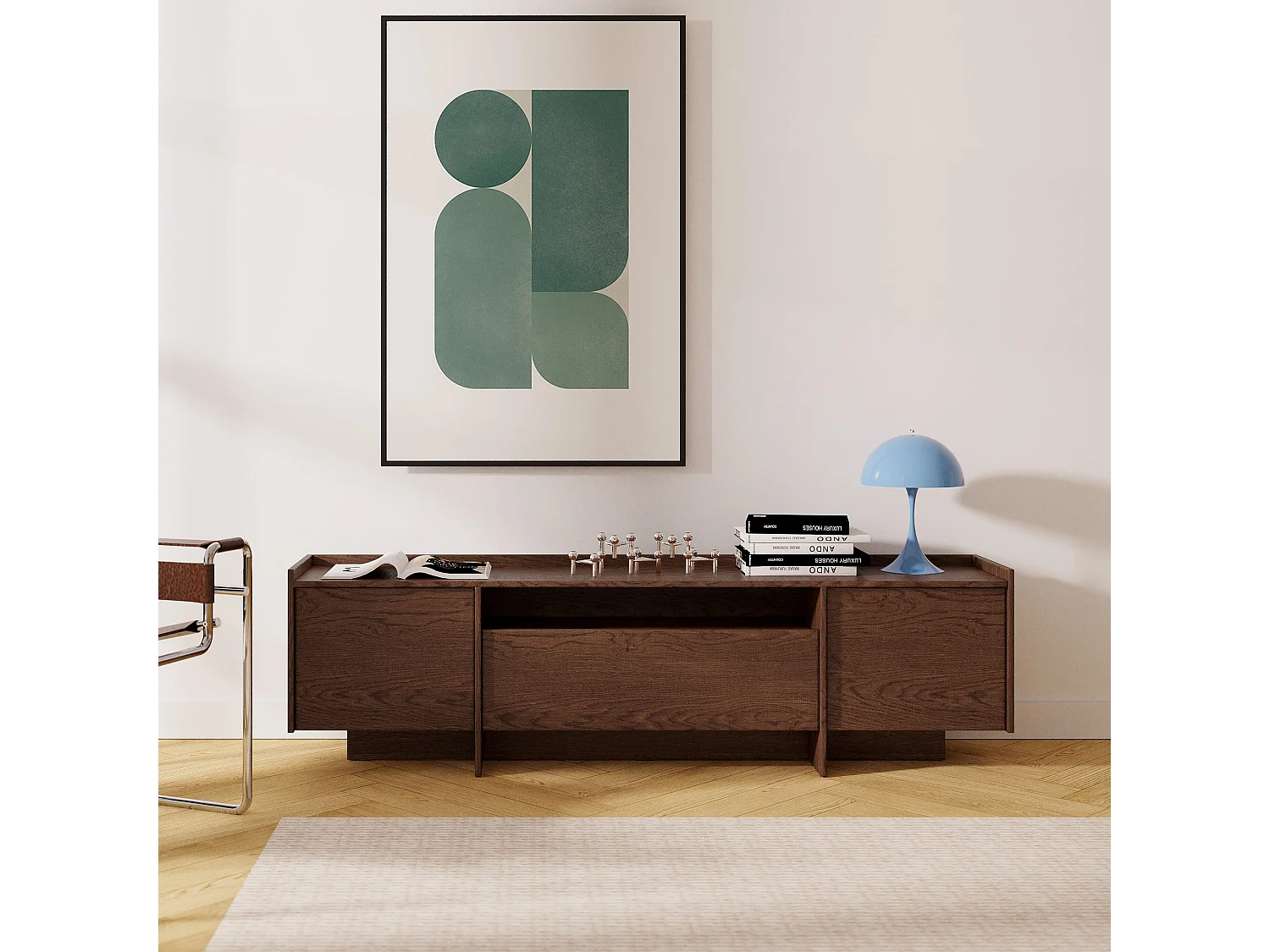 Meuble TV JUNI avec 3 portes et compartiment ouvert