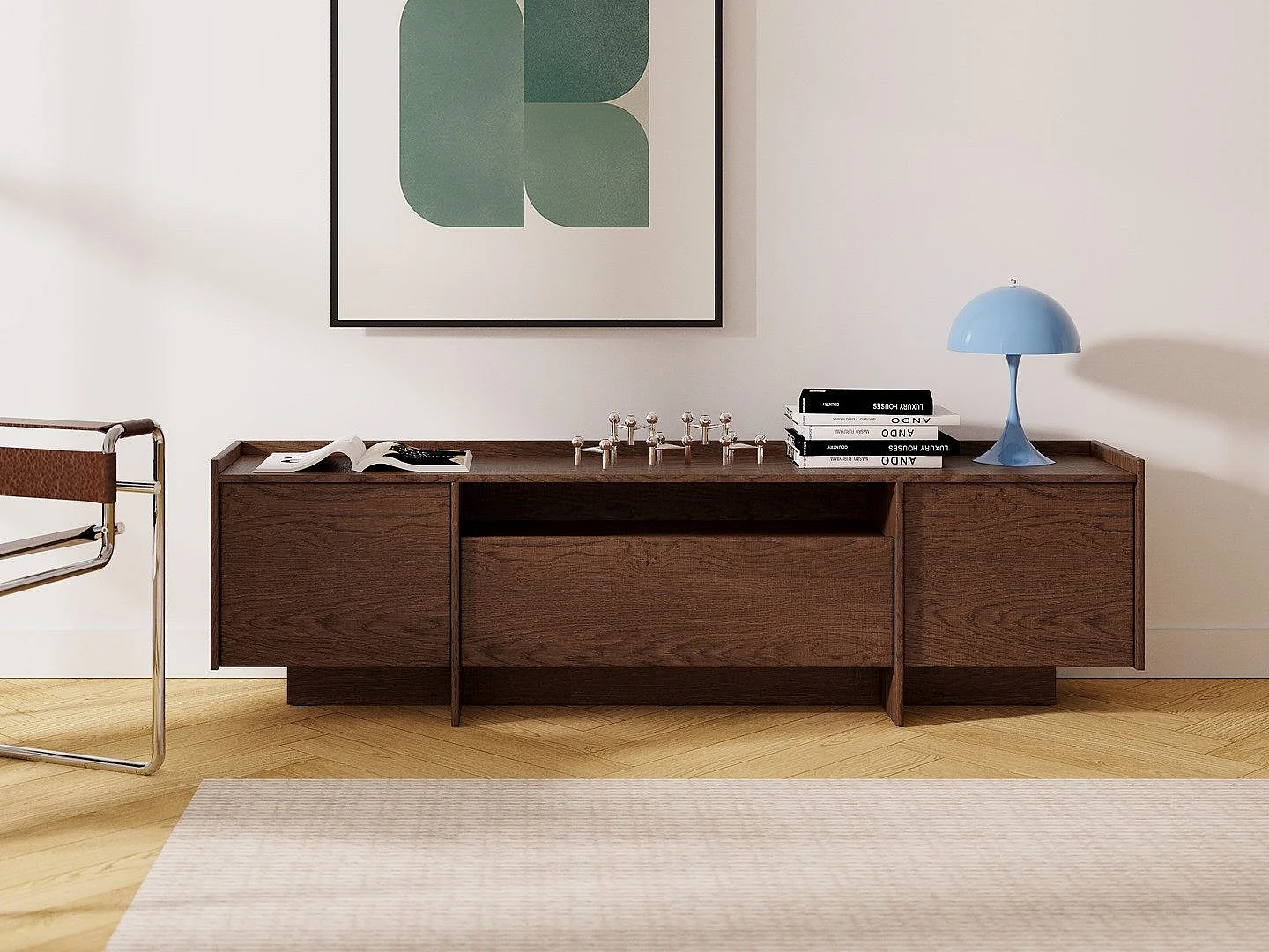 Meuble TV JUNI avec 3 portes et compartiment ouvert