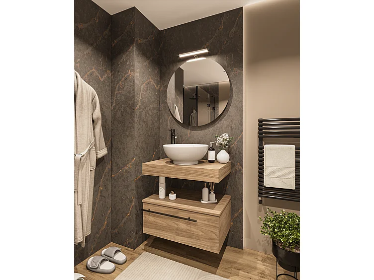 Mobile bagno Top L 70 x P 46 con lavabo in appoggio cassettiera poro noce specchio