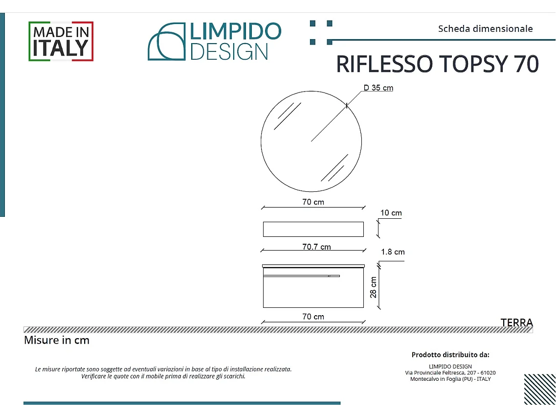 Mobile bagno Top L 70 x P 46 con lavabo in appoggio cassettiera poro noce specchio