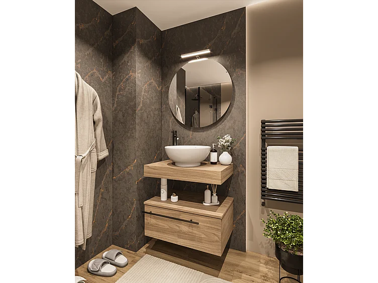 Mobile bagno Top L 70 x P 46 con lavabo in appoggio cassettiera poro noce specchio