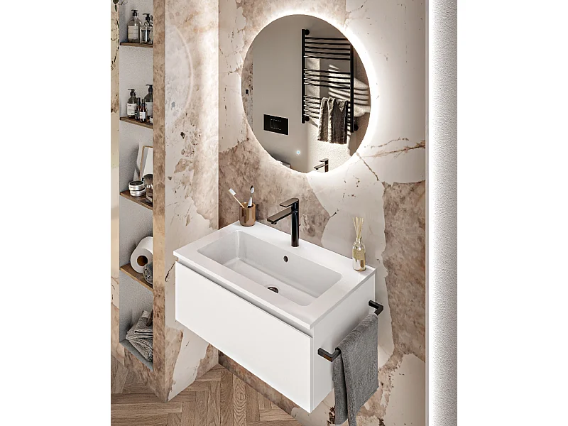 Mobile bagno sottolavabo con lavabo ad incasso L 70 x H 28 x P 46 specchio illuminato e porta asciugamano bianco luce