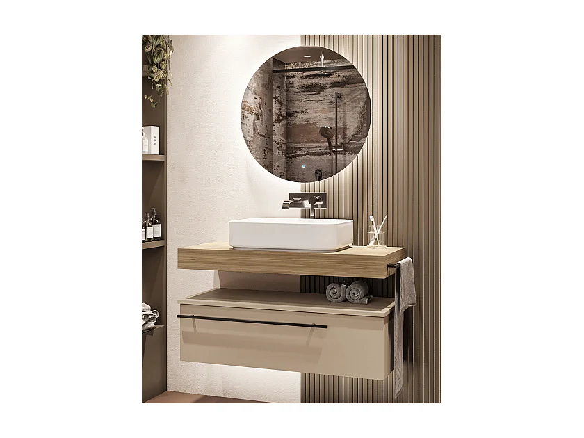 Mobile bagno Top L 100 x P 46 con lavabo in appoggio poro noce cassettiera tortora milano specchio illuminato e p.asciugamano