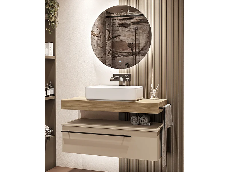 Mobile bagno Top L 100 x P 46 con lavabo in appoggio poro noce cassettiera tortora milano specchio illuminato e p.asciugamano
